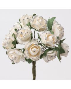 Silver/off-white glitter paper tea rose – 144 Pack