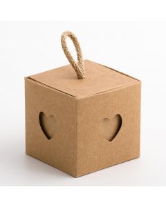 Rustic Kraft 50mm Cube Box with Cord and Heart Sleeve (10 Pack)