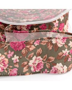 Green Vintage Floral Wired Edge Ribbon - 38mm x 10M 