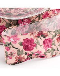 Pink Vintage Floral Wired Edge Ribbon - 38mm x 10M 
