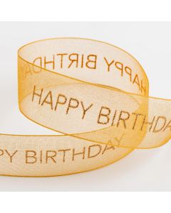 Happy Birthday Organza Antique Gold  Ribbon - 25mm x 10M 