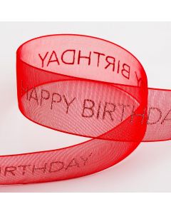 Happy Birthday Organza Red Ribbon - 25mm x 10M 