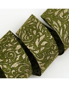 Green/Gold Lurex Leaf Scroll Hessian Ribbon – 38mm x 10M