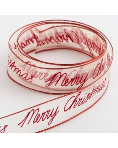 Red Merry Christmas Organza Wired Edge 25mm x 10M