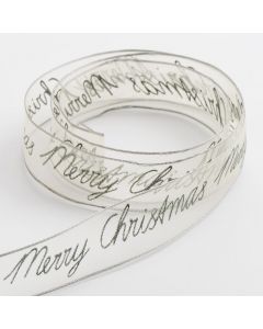 Silver Merry Christmas Organza Wired Edge 25mm x 10M