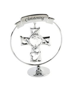 Chrome Plated Christening Cross with Swarovski Crystal