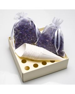 Purple Delphinium petals with tray and cones