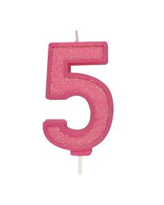 Pink Sparkle Numeral Candle - Number 5 - 70mm