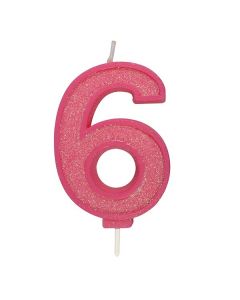 Pink Sparkle Numeral Candle - Number 6 - 70mm