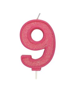Pink Sparkle Numeral Candle - Number 9 - 70mm - single