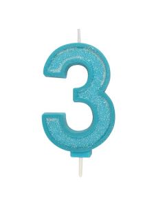 Blue Sparkle Numeral Candle - Number 3 - 70mm - single