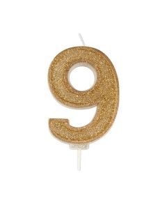 Gold Sparkle Numeral Candle - Number 9 - 70mm - single