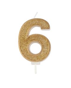 Gold Sparkle Numeral Candle - Number 6 - 70mm - single