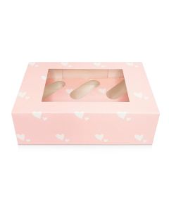 6 Cupcake Box `Pink With White Hearts`(Single)