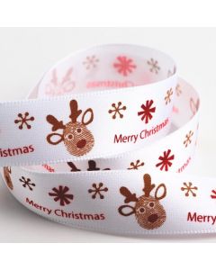 Merry Christmas White Reindeer Satin Ribbon - 16mm x 5m 