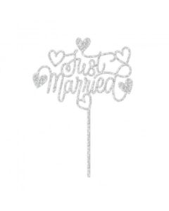 Make a Wish- Just Married Love Hearts Cupcake Topper - Silver Glitter Acrylic